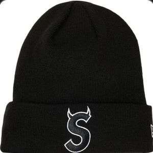 New Era Black Beanie with White 'S' Logo Embroidery
